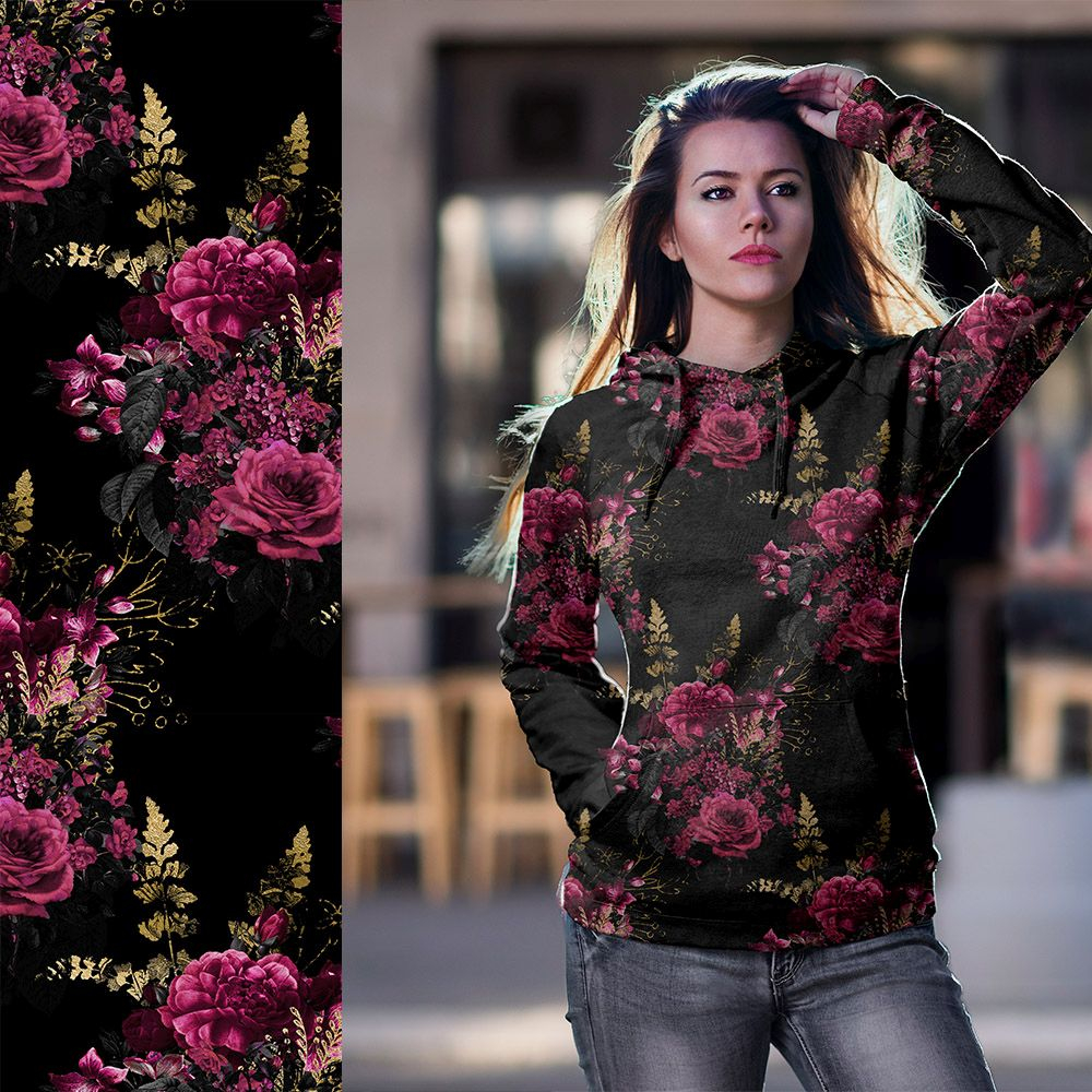 French Terry: Eigenproduktion "Flowers of the Night " von Graustufen-Stoffe